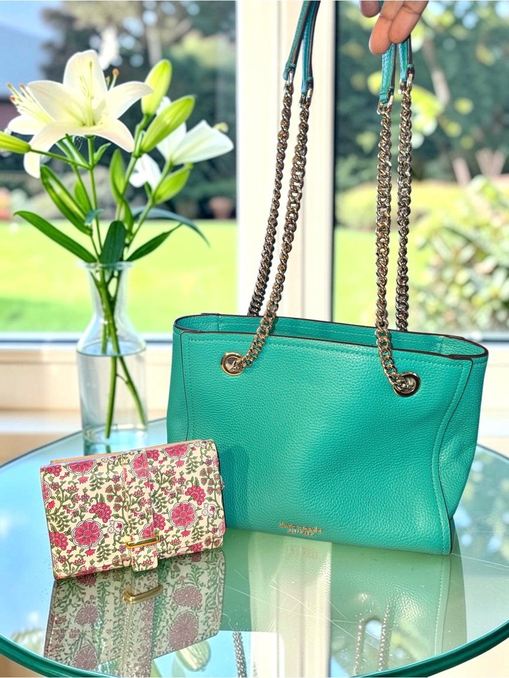 Spade New York Amelia Pebble Small Tote Bag in Fiji Green and unbranded wallet